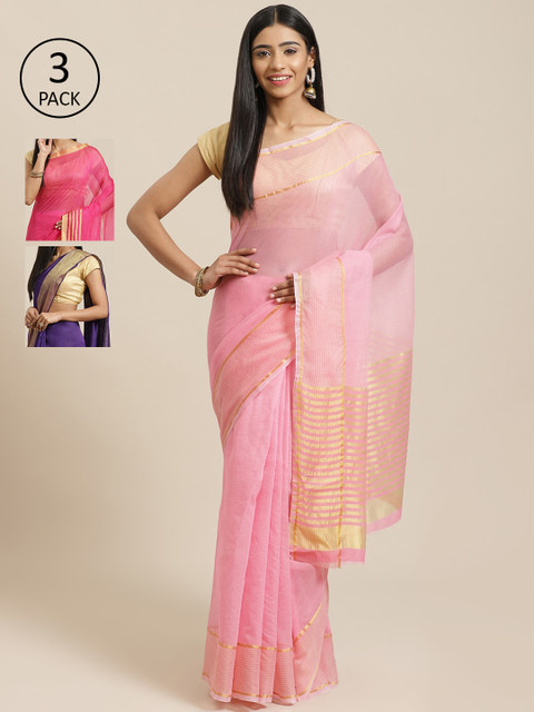 

KALINI Pack Of 3 Solid Sarees, Pink