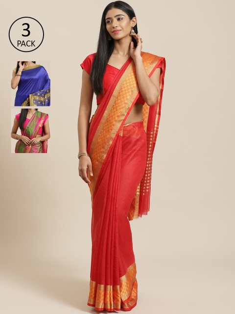 

KALINI Pack of 3 Blue & Red Mysore Silk Sarees