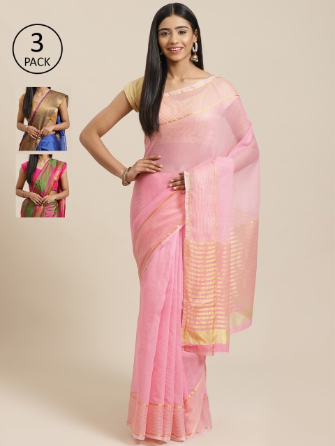 

KALINI Pack of 3 Printed Silk Cotton Saree, Pink