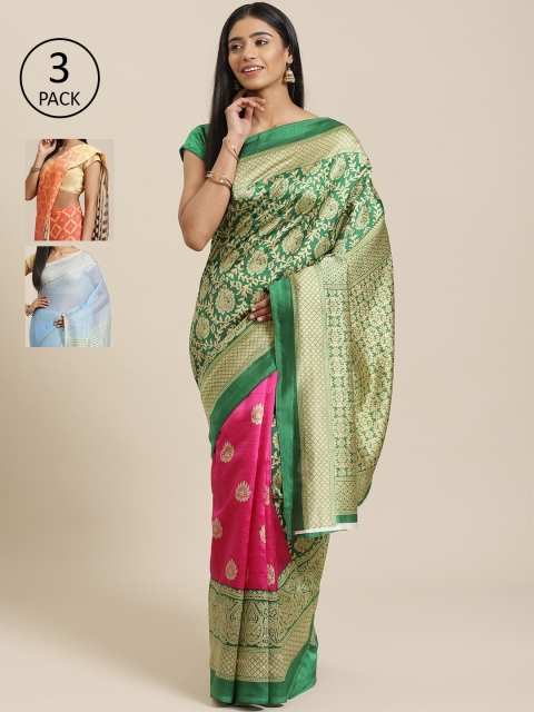 

KALINI Pack Of 3 Printed Sarees, Green