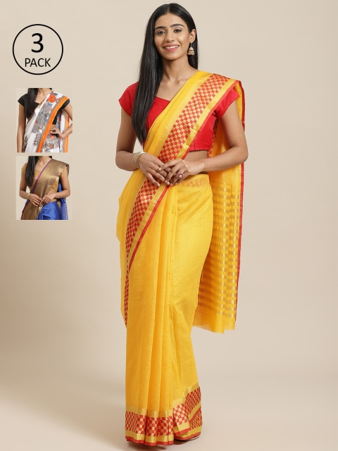 

KALINI Pack of 3 Yellow & Blue Cotton Silk Sarees