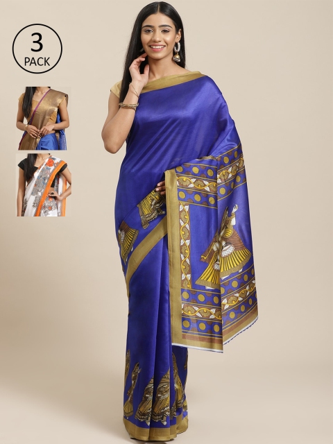 

KALINI Pack Of 3 Solid Sarees, Blue