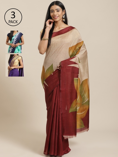 

KALINI Pack of 3 Printed Mysore Silk Saree, Beige