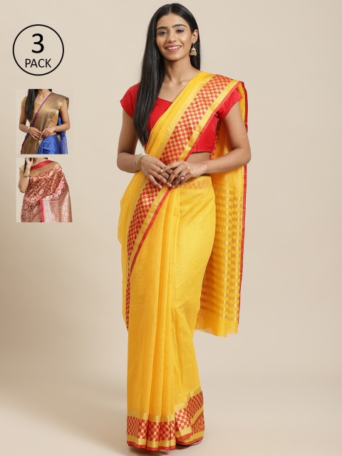 

KALINI Yellow & Multicoloured Silk Cotton Set of 3 Saree