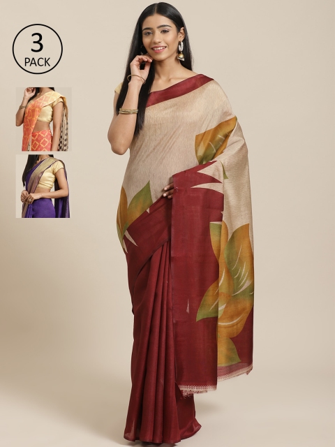 

KALINI Pack of 3 Beige & Maroon Mysore Silk Sarees