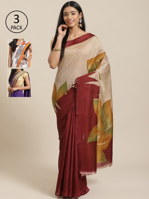 

KALINI Pack of 3 Printed Mysore Silk Saree, Beige