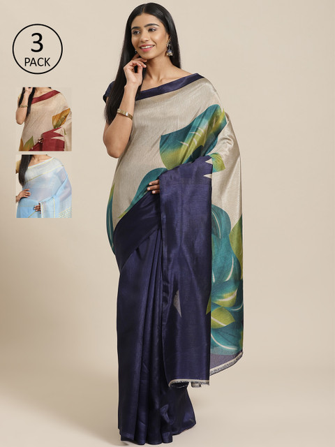 

KALINI Pack Of 3 Solid Sarees, Navy blue