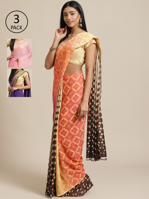 

KALINI Pack of 3 Peach-Coloured & Pink Poly Georgette Sarees
