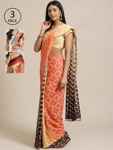 

KALINI Pack of 3 Peach-Coloured & White Poly Georgette Sarees