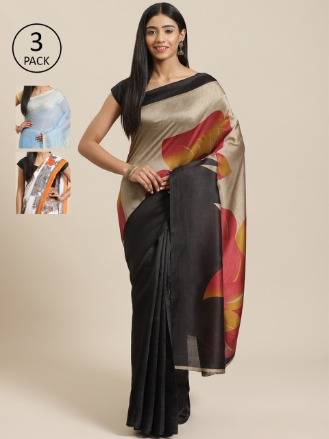 

KALINI Pack Of 3 Printed Sarees, Black