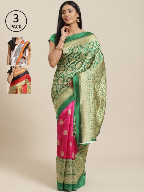

KALINI Pack of 3 Printed Mysore Silk Saree, Green