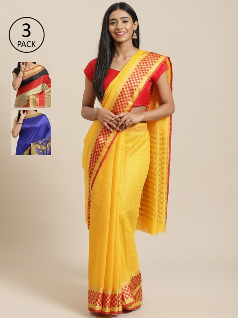 

KALINI Pack of 3 Yellow & Blue Sarees