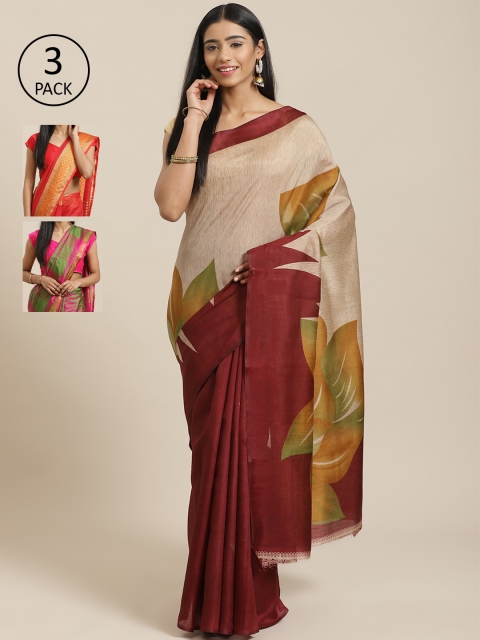 

KALINI Pack Of 3 Solid Sarees, Maroon