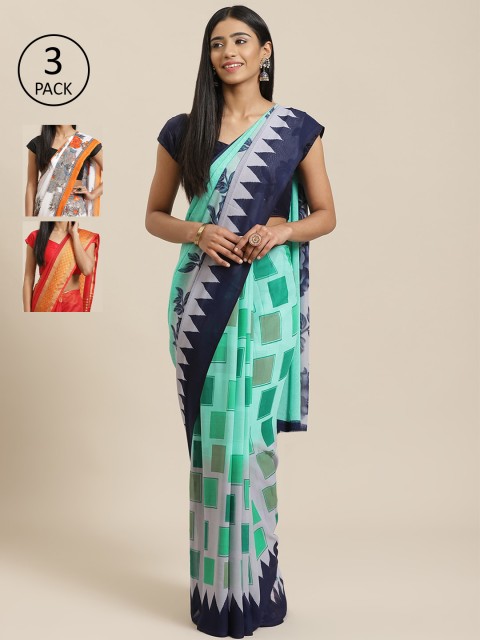 

KALINI Pack of 3 Sea Green & Navy Blue Poly Georgette Sarees