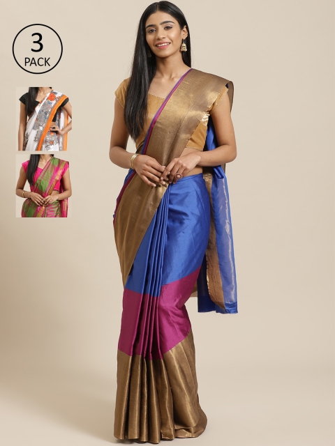 

KALINI Pack of 3 Colourblocked Art Silk Saree, Blue
