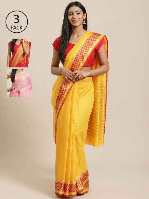 

KALINI Pack Of 3 Silk Cotton Solid Sarees, Yellow