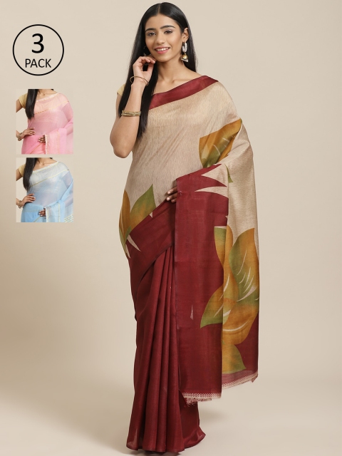 

KALINI Beige & Maroon Art Silk Set of 3 Mysore Silk Saree