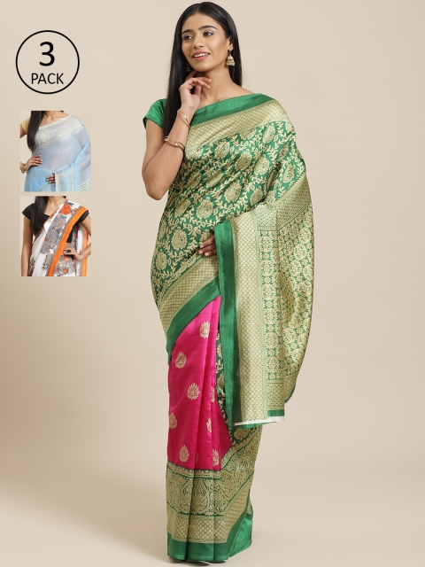 

KALINI Pack of 3 Green & Pink Mysore Silk Sarees