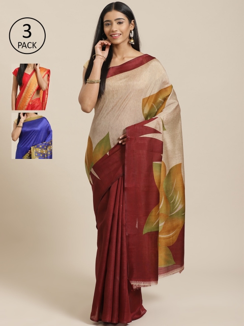 

KALINI Pack Of 3 Printed Art Silk Sarees, Maroon