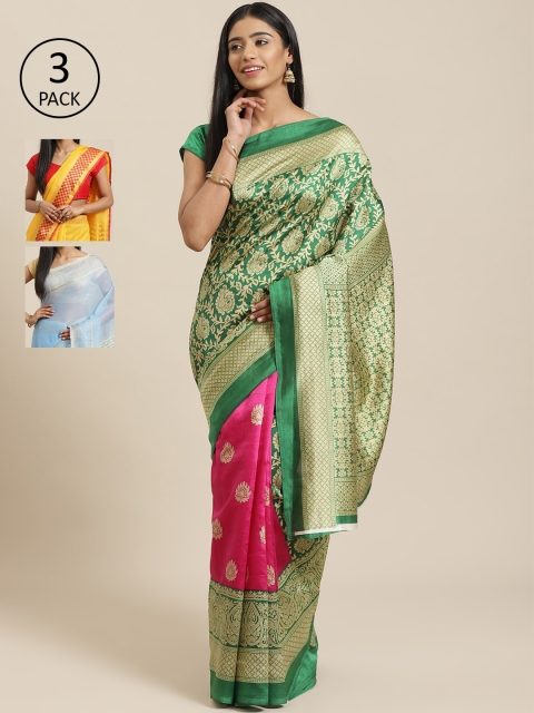 

KALINI Green & Multicoloured Art Silk Set of 3 Mysore Silk Saree