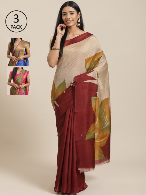 

KALINI Pack of 3 Printed Sarees, Beige