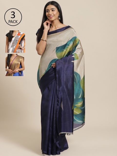 

KALINI Pack Of 3 Printed Mysore Art Silk Sarees, Navy blue