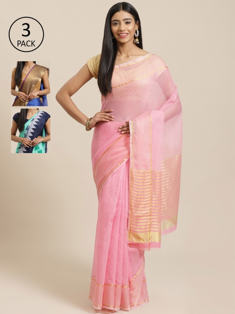 

KALINI Pack of 3 Printed Sarees, Pink