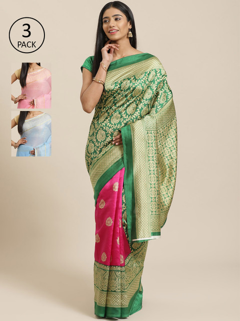 

KALINI Pack of 3 Printed Sarees, Green