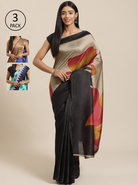 

KALINI Pack of 3 Printed Saree, Black