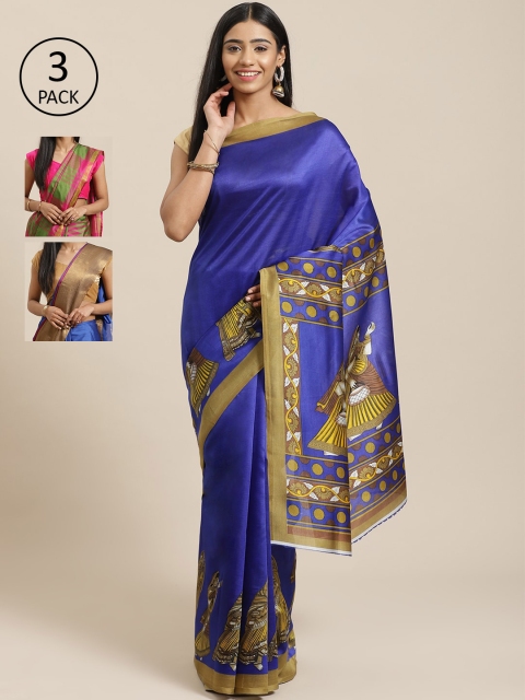 

KALINI Pack of 3 Printed Art Silk Saree, Blue