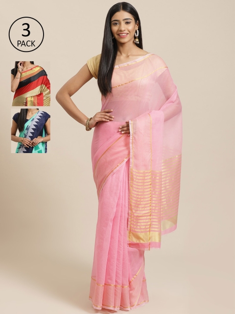 

KALINI Pack of 3 Printed Sarees, Pink