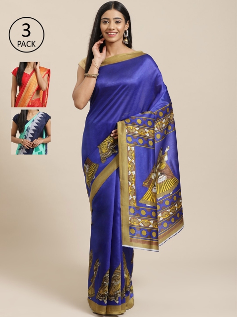 

KALINI Pack of 3 Printed Sarees, Blue