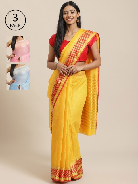 

KALINI Pack Of 3 Striped Silk Cotton Sarees, Yellow