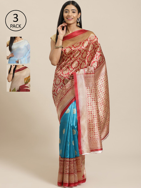 

KALINI Pack of 3 Printed Sarees, Red
