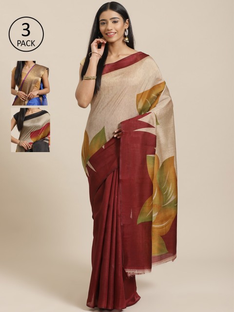 

KALINI Pack Of 3 Printed Mysore Art Silk Sarees, Beige