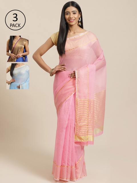 

KALINI Pack Of 3 Solid Silk Cotton Sarees, Pink