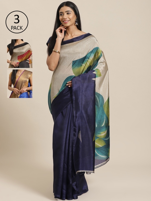 

KALINI Pack of 3 Printed Sarees, Navy blue