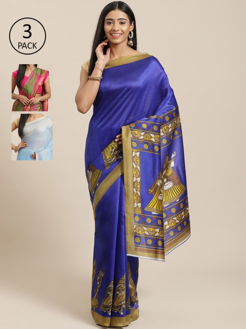 

KALINI Pack of 3 Printed Art Silk Saree, Blue