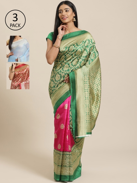 

KALINI Pack of 3 Printed Sarees, Green