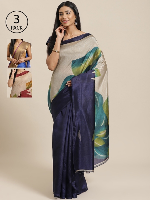 

KALINI Pack of 3 Printed Sarees, Navy blue