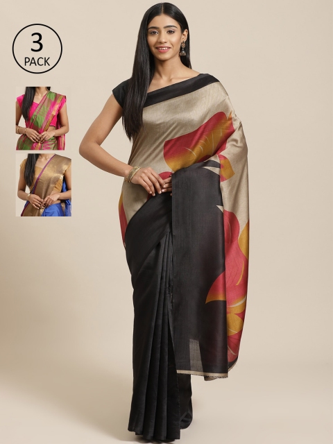 

KALINI Pack of 3 Printed Sarees, Black