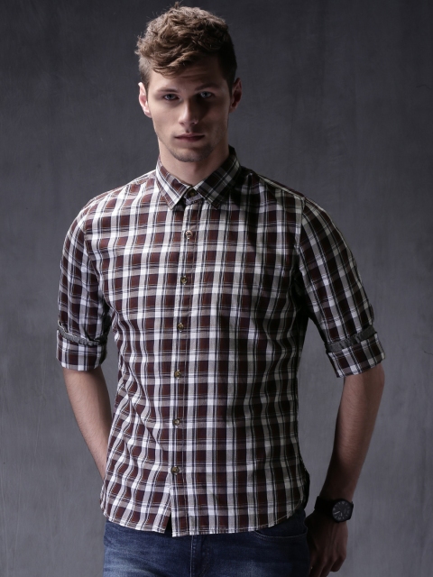 

WROGN Brown & White Checked Slim Fit Casual Shirt