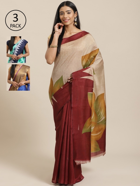 

KALINI Pack Of 3 Printed Mysore Art Silk Sarees, Beige
