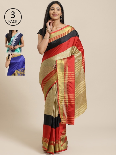 

KALINI Pack Of 3 Striped Art Silk Sarees, Beige