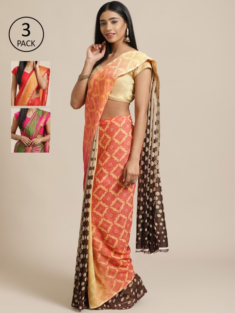 

KALINI Pack of 3 Printed Sarees, Peach