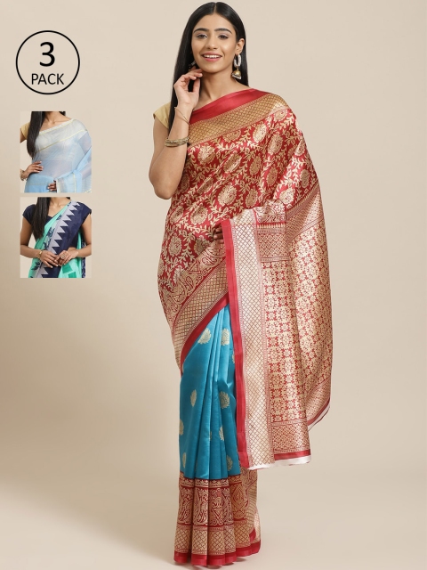 

KALINI Pack Of 3 Woven Design Mysore Art Silk Sarees, Red
