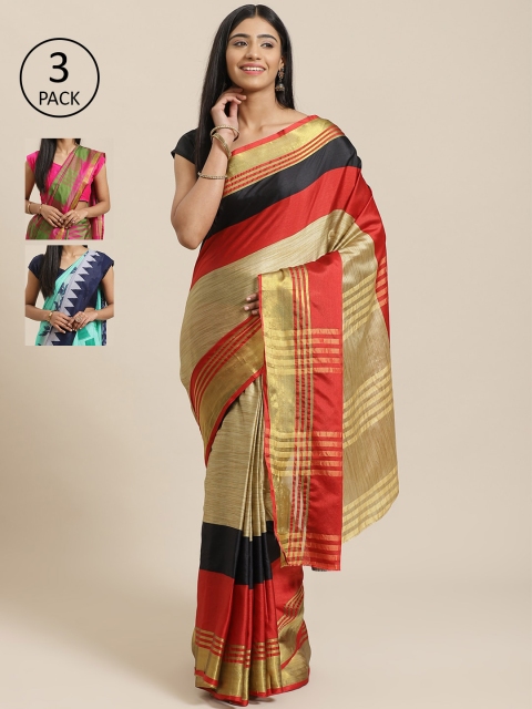 

KALINI Pack Of 3 Striped Art Silk Sarees, Beige