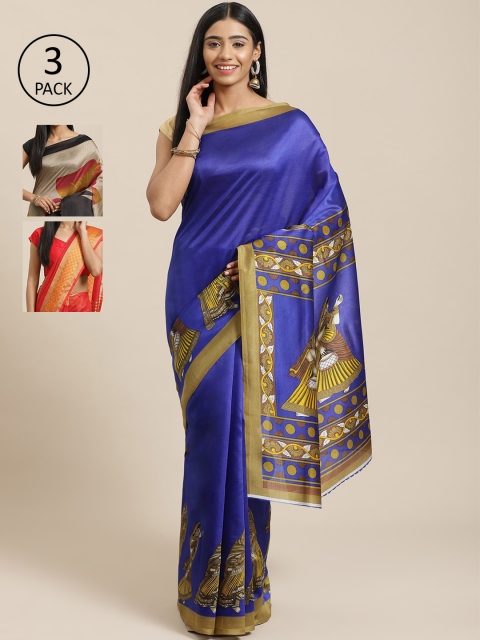 

KALINI Pack of 3 Printed Sarees, Blue