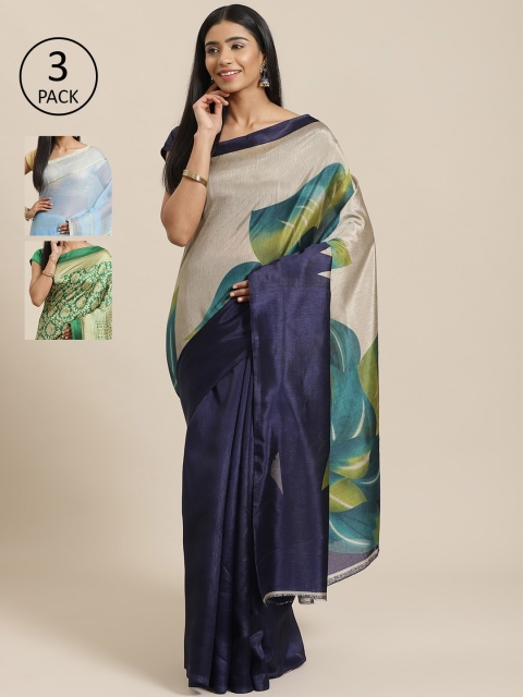 

KALINI Pack of 3 Woven Design Saree, Navy blue