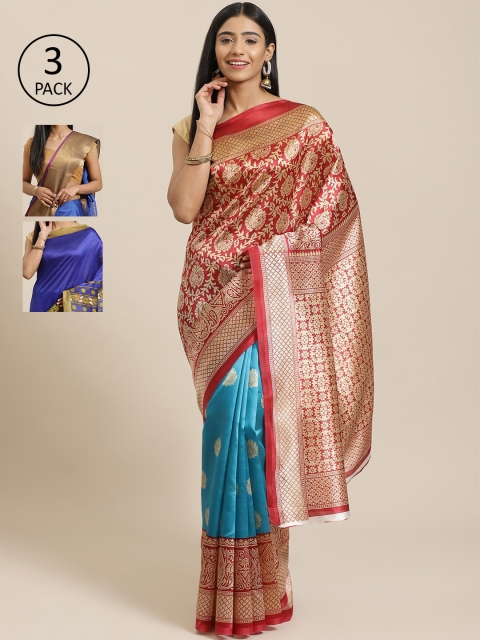 

KALINI Pack Of 3 Woven Design Mysore Art Silk Sarees, Red